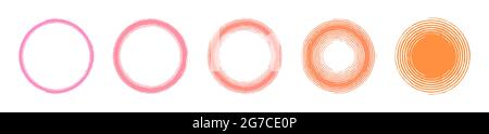 Set aus 5 Vektor-Hintergrund-Kreisrahmen mit einem sanften Farbübergang von rosa nach orange, konzentrische Kreise im Grunge-Stil, Design-Element für Web, Social-Media-Highlights, Banner, runde Vorlage Stock Vektor