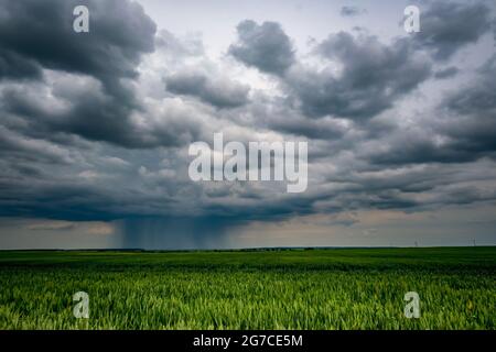 Landschaft mit dunklem Himmel mit Regenwolken vor Sturm. Gewitterfront Stockfoto