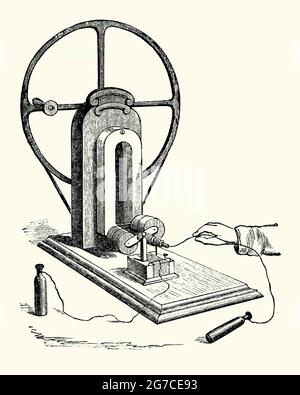 Eine alte Gravur, die Clarkes magneto-elektrische Maschine zeigt. Es stammt aus einem Buch der 1890er Jahre über viktorianische Entdeckungen und Erfindungen im 19. Jahrhundert. Ein Magneto ist ein elektrischer Generator, der mithilfe von Magneten Wechselstrom erzeugt. Hier wird ein kraftvoller Stahlmagnet aufrecht platziert. Wenn das rotierende Rad (hinten) gedreht wird, werden zwei (induzierte) Spulen (Mitte) gedreht. Die in den Spulen induzierten Spannungen erzeugen Ströme. Dieser kleine Stromschlag kann von jemandem gespürt werden, der die beiden Messinggriffe (Vordergrund) aufgreift – eine frühe Form der Elektrotherapie. Es wurde von Edward Clarke in den 1830er Jahren erfunden. Stockfoto