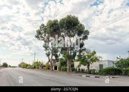 PRINCE ALBERT, SÜDAFRIKA - 20. APRIL 2021: Eine Straßenszene mit der Hauptstraße und den Häusern in Prince Albert in der Westkap-Provinz. Große TR Stockfoto