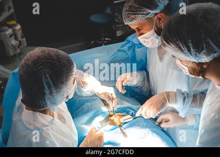 Ein internationales Ärzteteam führt eine komplexe chirurgische Operation an einem unter Anästhesie stehenden Patienten durch. Moderner Operationssaal und erfahrene Chirurgen Stockfoto