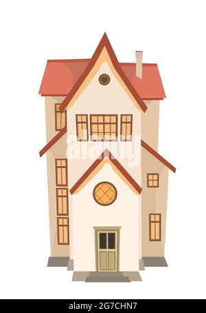 Narrow Cartoon House. Gemütliche, einfache ländliche Wohnung in einem traditionellen europäischen Stil. Dreistöckig. Süßes Zuhause. Isoliert auf weißem Hintergrund. Stockfoto