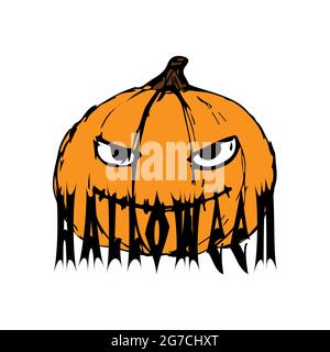 Schwarzer Halloween Schriftzug, orange gruselige Kürbis Handzeichnung. Für den Urlaub Halloween, für die Gestaltung einer Postkarte, Hintergrund, Banner, Hintergrund. Vektorgrafik Stock Vektor