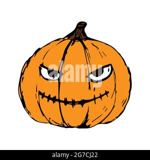 Kürbis halloween orange gruseliges Lächeln, schrecklich boshaft. Handzeichnung. Vektorgrafik Stock Vektor