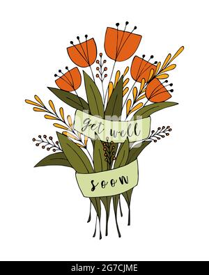 Blumenstrauß Doodle mit der Aufschrift erhalten bald, Grußkarte, Wunsch der Gesundheit. Kritzelnde Blumen, Handzeichnung, weißer Hintergrund. Vektorgrafik. Stock Vektor