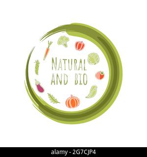Natürliches und biologisches Produkt, umweltfreundlich, vegan, gesundes Essen. Rundes Schild, Logo, Vektor-Autoren Pinsel. Vektorgrafik Stock Vektor