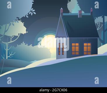 Landhaus in der Nacht mit glühenden Fenstern. Natürliche Landschaft mit dem Mond. Dunkle Landschaft mit Bäumen und Hügeln. Mondschein. Flacher Cartoon-Stil Stockfoto