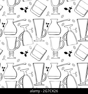 Mustergläser für Kaffeegetränke und ein Glas Whiskey, Latte, Irish Coffee, Coffee turk, Beans und Coffee-Zweige. Vektorgrafik. Weißer Hintergrund. Stock Vektor