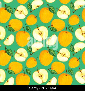 Gelber Apfel im nahtlosen Muster. Aquarell saftige goldene Äpfel mit Blättern Stockfoto