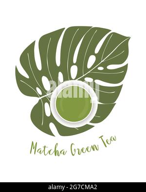 Matcha Grüner Tee Becher Monstera Blatt. Gesunde Getränke Lebensstil. Für Banner, Hintergrund, Design. Vektorgrafik Stock Vektor