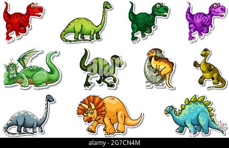 Aufkleber mit verschiedenen Arten von Dinosauriern Cartoon-Figuren Illustration gesetzt Stock Vektor