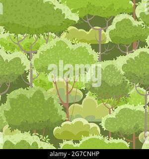 Ländliche Sommer schöne Landschaft. Wald. Nahtloses Muster. Cartoon-Stil. Bäume und Sträucher. Romantische Schönheit. Hintergrund. Flache Abbildung Stockfoto