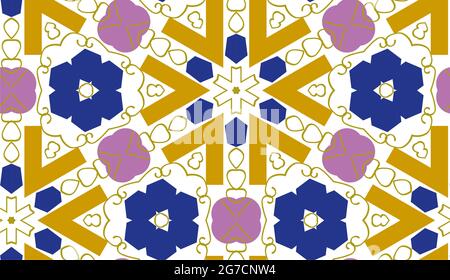 Abstraktes geometrisches Ornament. Geometrisches Nahtmuster im arabischen Stil. Mosaikstil. Farbenfrohes, kreatives Collagemuster. Blau, lila, goldene Farbe. Stockfoto