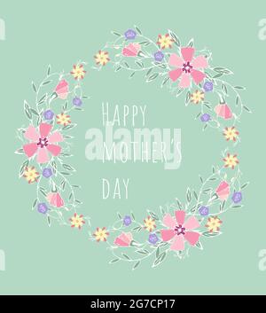 Muttertag Grußkarte mit Blumen Hintergrund in kritzelnden Stil. Handzeichnung, runder Rahmen. Vektorgrafik Stock Vektor