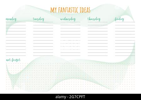 Universeller minimalistischer Planer für das Schreiben meiner fantastischen Ideen, nach Wochentagen. Feld für Notizen, Ideen, Pläne, Aufgabenlisten, Erinnerungen. To-Do-Liste. Das Design ist eine Abstraktion. Vektorgrafik Stock Vektor