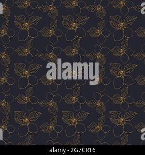 Zitronen-Muster auf dunklem Hintergrund, Kontur gelbe Früchte, Handzeichnung kritzelnd, nahtlose Textur. Für Hintergrund, Banner, Textil, Hintergrund. Vektorgrafik Stock Vektor