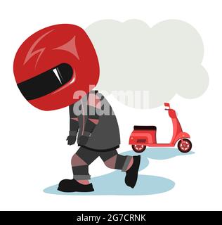 Motorroller-Fahrer. Biker-Cartoon. Abbildung für Kinder. Leider zu Fuß. In einer Sportuniform und einem roten Helm. Cooler Motorradfahrer. Isoliert auf Weiß Stock Vektor