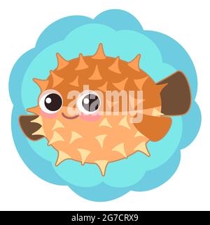 Kugelfisch. Kleine Landschaft. Unterwasserwelt. Wilde Tiere. Meer, Meer. Sommerwasser. Isoliert auf weißem Hintergrund. Illustration im Cartoon-Stil Stock Vektor