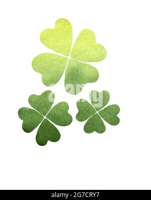 Grün gelb Aquarell Quatrefoil Glücksklee. Irischer Feiertag St. Patrick's Day. Illustration für Postkarte, Poster, Banner, Hintergrund. Für Ihr Design. Stockfoto