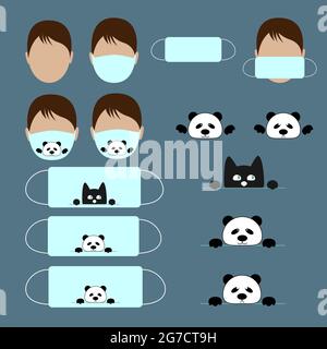 Positive medizinische Maske mit dem Bild eines Pandas und einer Katze für Ihr Design Stock Vektor