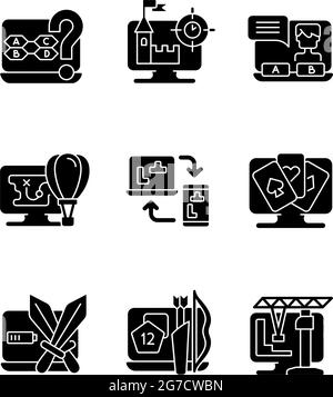 Spiel Genres schwarze Glyphen Symbole auf weißen Raum gesetzt Stock Vektor