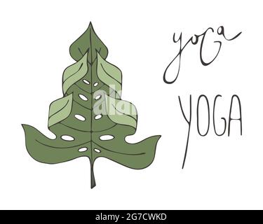 Yoga-Schriftzug, Monstera-Blatt in Yoga-Pose, Handzeichnung, Kritzeln, Logo, Ikone. Vektorgrafik Stock Vektor
