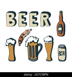 Bierset mit Schriftzug, Glas Bier, Wurst, Dose Bier, Flasche, Handzeichnung kritzelnd, stilisiert, isoliert, auf weißem Hintergrund. Vektorgrafik Stock Vektor