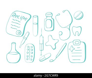 Vektor-Set von medizinischen Objekten in kritzelnden Stil. Für Ihr Design. Stock Vektor