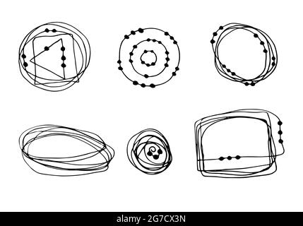 Vektor-Set von Rahmen und kritzelnde Design-Elemente, isoliert auf weißem Hintergrund, für Muster, Hintergrund, Hintergrund, Rahmen. Handzeichnung, Doodle rund, quadratisch, Dreieck. Vektorgrafik Stock Vektor