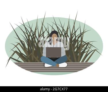 Bildung Mädchen mit Laptop arbeitet im Bos der Natur, Fernunterricht, online, Webinar, Training, Virtuelles Webseminar. Vektorgrafik Stock Vektor