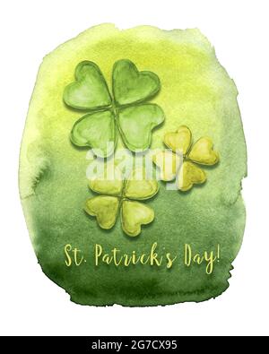 Grün gelb Aquarell Hintergrund mit Kleeblatt. Irischer Feiertag St. Patrick's Day. Illustration für Hintergrund, Hintergrund, Postkarten, Poster, Banner. Für Ihr Design. Stockfoto