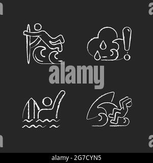 Wassersport Kreide weiße Symbole auf dunklem Hintergrund gesetzt Stock Vektor