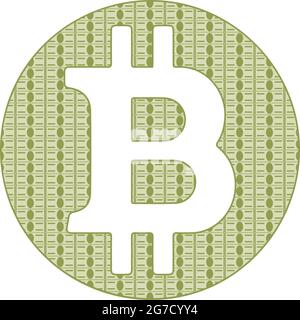 Bitcoin auf einem Hintergrund von Banknoten, grünes Geld Textur mit einem Bitcoin-Zeichen, Logo. Vektorgrafik Stock Vektor