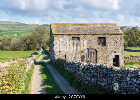 Eine Steinfeldscheune neben einem Wanderweg in der Nähe von Askrigg in Wensleydale, North Yorkshire Stockfoto