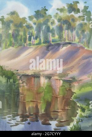 Ein Bach im Wald im Frühling Aquarell Hintergrund Stockfoto
