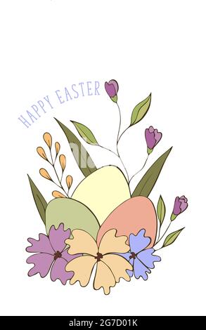 Vektorpostkarte, Hintergrund, Banner für den Osterurlaub mit Eiern und Blumen, mit der Inschrift. Kritzelnd, farbig. Vektorgrafik Stock Vektor
