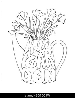 Gartenbewässerungskannen mit der Aufschrift Hello Garden, mit Blumen, Kontur Handzeichnung, Frühling, Färbung, Isolierter weißer Hintergrund. Vektorgrafik Stock Vektor