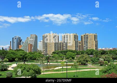 Blick auf den Parque Jardin del Turia und die Skyline von Valencia, Spanien. Stockfoto