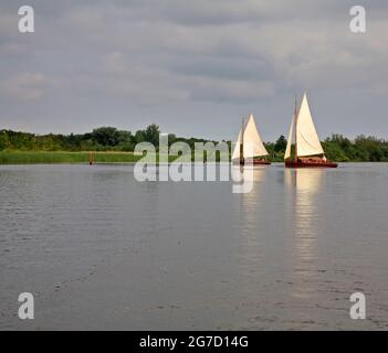 Ein Paar von traditionellen Segelyachten der Hustler-Klasse mit 2 Liegeplätzen auf Barton Broad auf den Norfolk Broads in Barton Turf, Norfolk, England, Großbritannien. Stockfoto