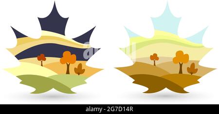 Herbst Ahornblatt mit einer Landschaft, Naturzeichnung auf einem Ahornblatt. Für Ihr Design. Stock Vektor