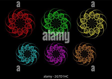 Blume Punkte Mandala Set Logo Vorlage, Schnecke Spirale Grafik-Stil. Farbenfrohes geometrisches Blumenmuster. Gepunktetes Element, Dekoratives Bild mit blumigem e Stock Vektor