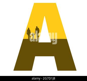 Buchstabe A des Alphabets mit einer Silhouette einer Familie, eines Vaters, einer Mutter und eines Kindes in der Farbe Ocker und Braun Stockfoto