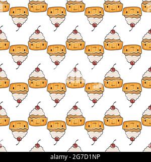Niedliche lustige Cupcakes nahtloses Muster. Vektorgrafik. Stock Vektor