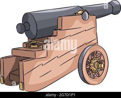 Vektordarstellung einer alten Schiffskanone auf einem Holzwagen. Stock Vektor