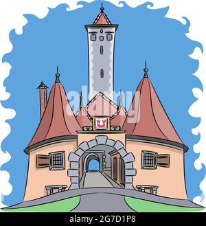 Vektordarstellung des mittelalterlichen Stadttores Burtorg mit Türmen. Rothenburg ob der Tauber. Deutschland. Bayern Stock Vektor