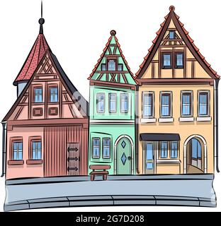 Mehrfarbige mittelalterliche Fachwerkhäuser in Rothenburg ob der Tauber. Vektorgrafik. Stock Vektor