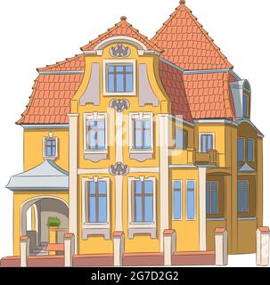 Altes schönes Haus mit gelb gefliester Dachfassade und Zaun isoliert auf weißem Hintergrund. Stock Vektor