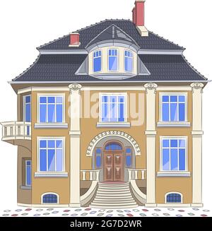 Ein altes schönes Haus mit einer breiten Treppe und einem Dachboden unter dem Dach. Polen. Posen. Stock Vektor