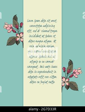 Blauer Postkartenhintergrund mit einem Streifen für Text, mit Sakura-Blumen im kritzelnden Stil. Vektorgrafik Stock Vektor