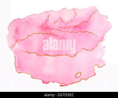 Abstrakter horizontaler Aquarellhintergrund mit rosa, goldenen Rändern, Linien, Kritzeleien. Hintergrund, für Banner, Postkarte. Für Ihr Design. Stockfoto